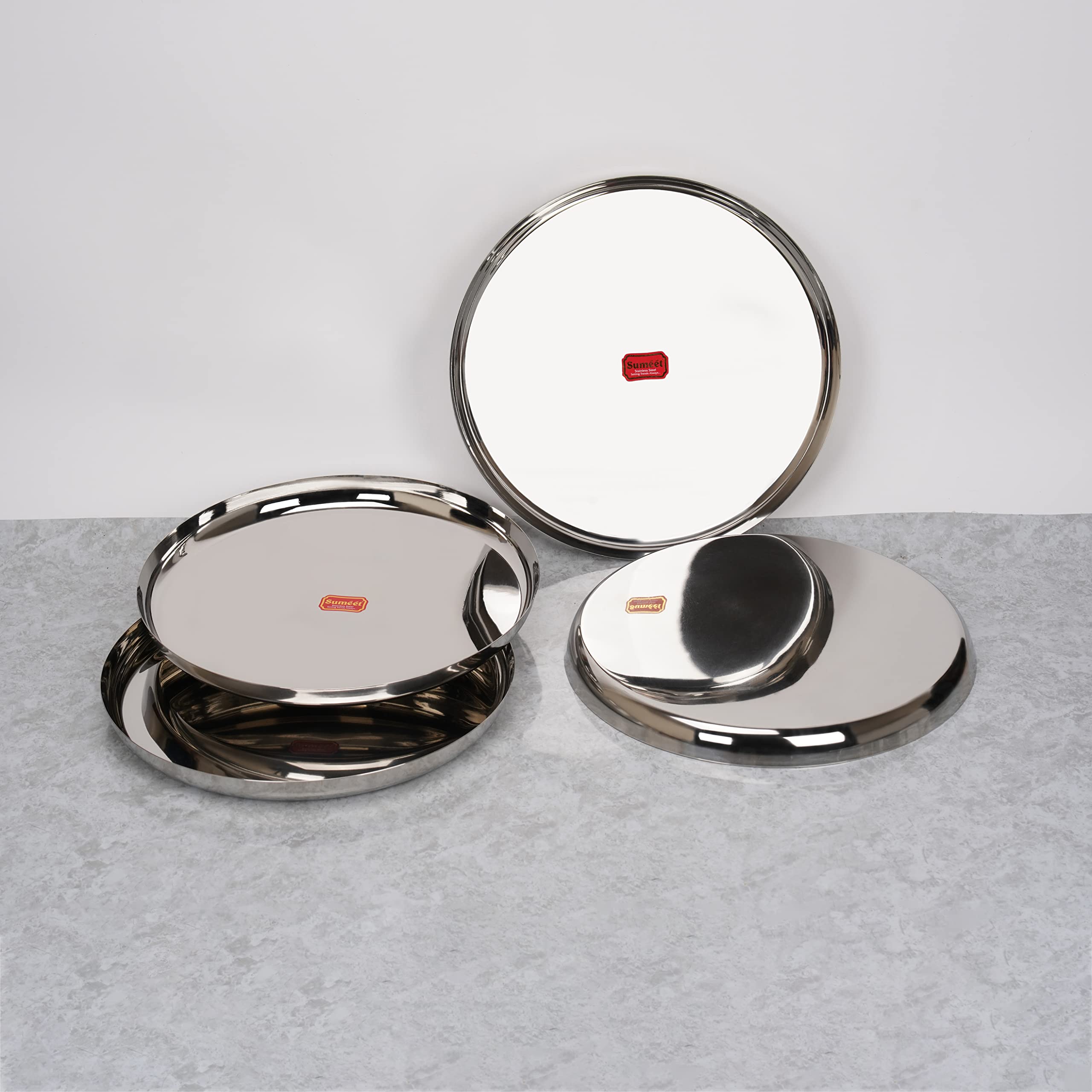 Sumeet Stainless-Steel Apple Shape Heavy Gauge Dinner Plates with Mirror Finish-34.6cm Dia, Set of 4pc, Silver